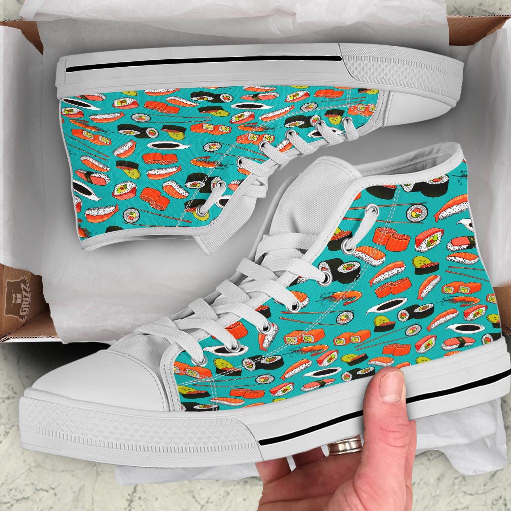 Rolls And Salmon Sushi Print Pattern White High Top Shoes-grizzshop