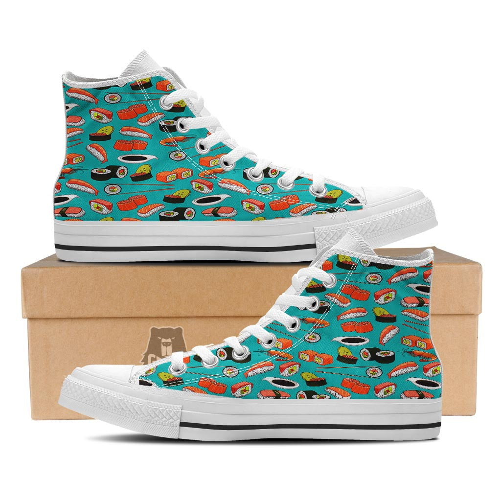 Rolls And Salmon Sushi Print Pattern White High Top Shoes-grizzshop