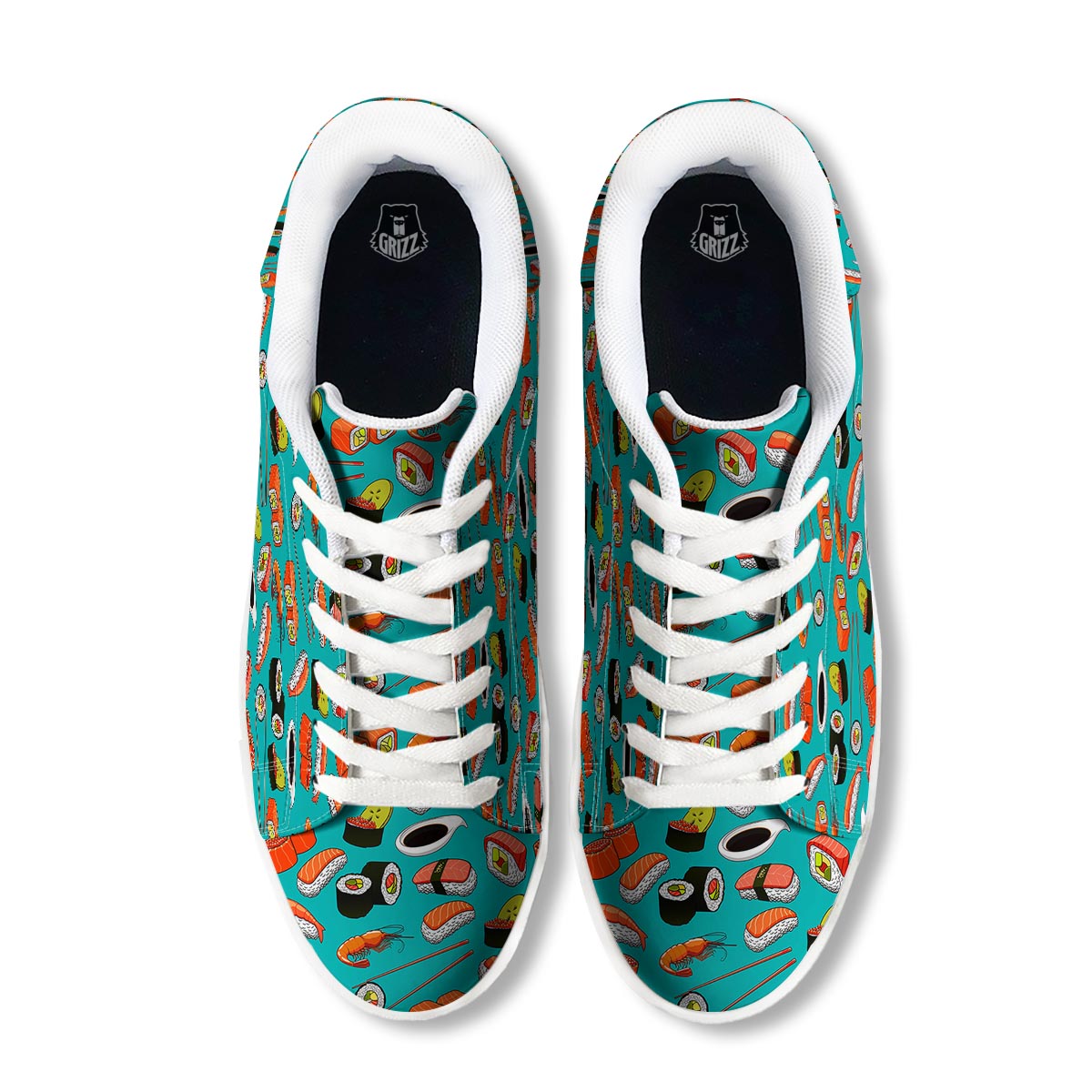 Rolls And Salmon Sushi Print Pattern White Low Top Sneakers-grizzshop