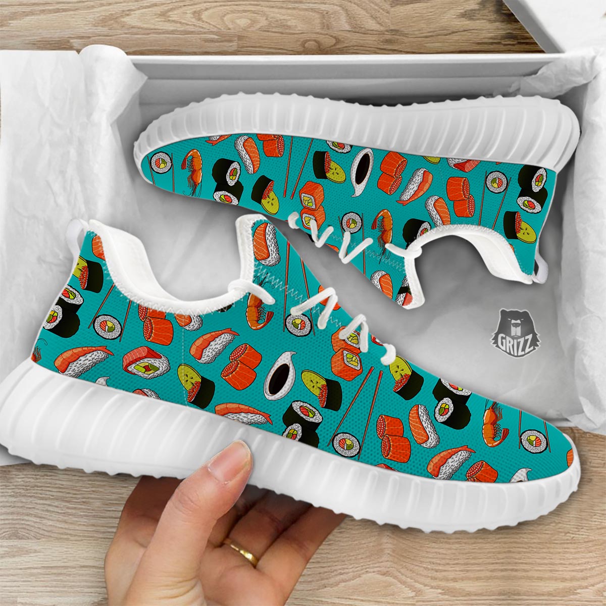 Rolls And Salmon Sushi Print Pattern White Walking Shoes-grizzshop
