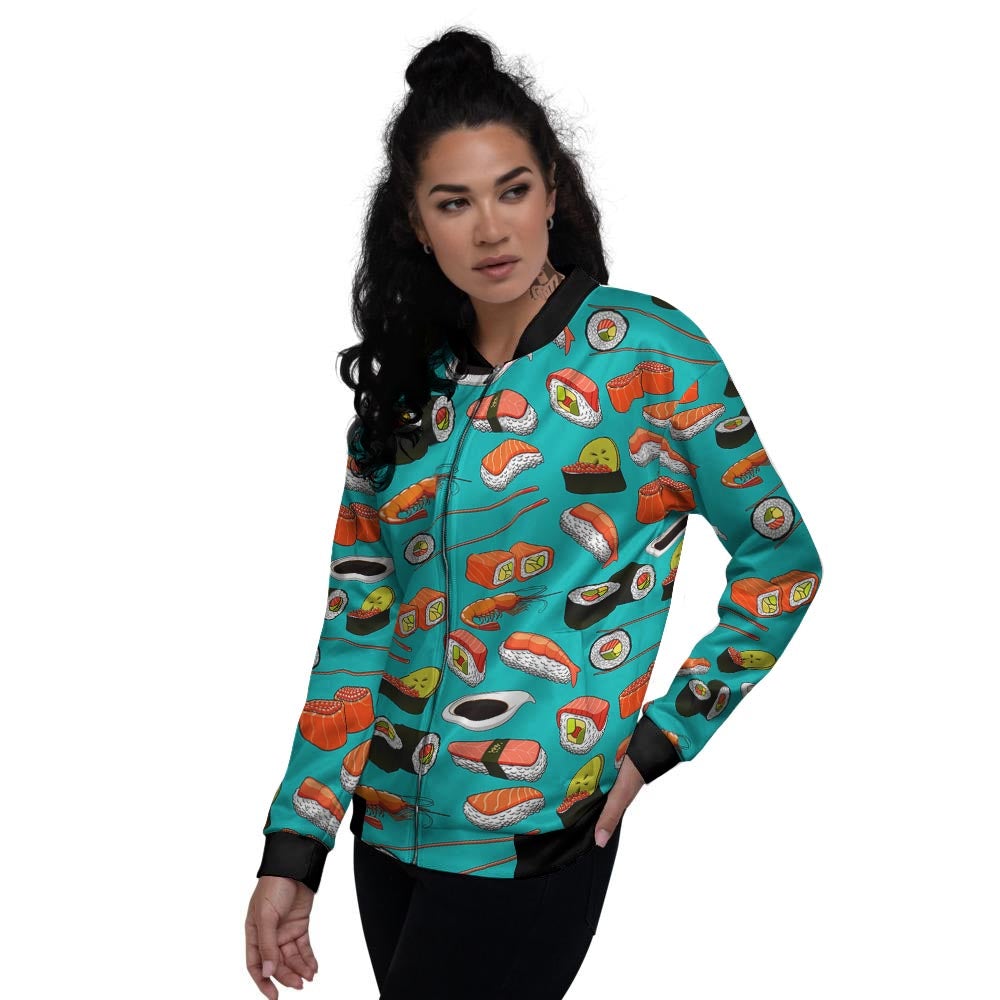 Rolls And Salmon Sushi Print Pattern Women's Bomber Jacket-grizzshop