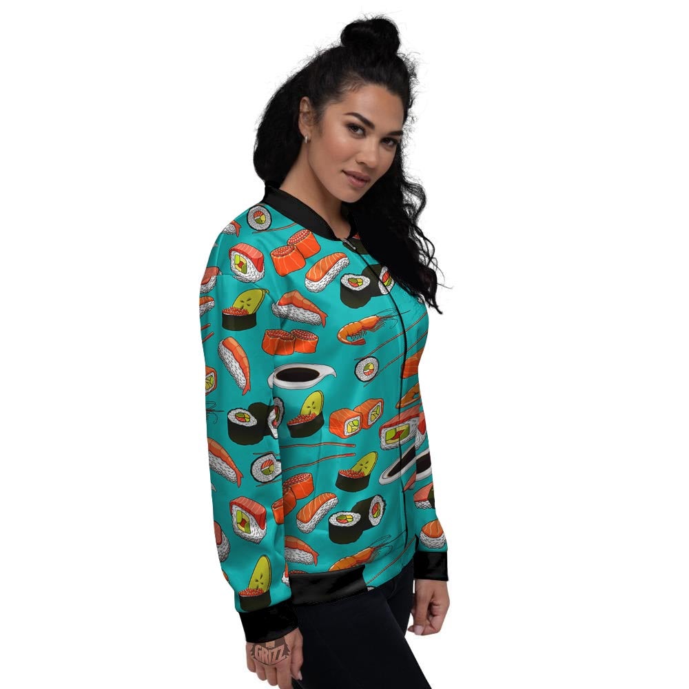 Rolls And Salmon Sushi Print Pattern Women's Bomber Jacket-grizzshop