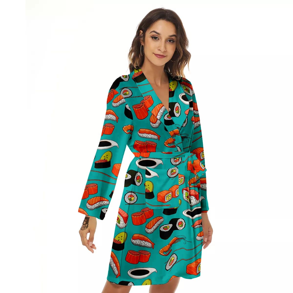 Rolls And Salmon Sushi Print Pattern Women's Robe-grizzshop