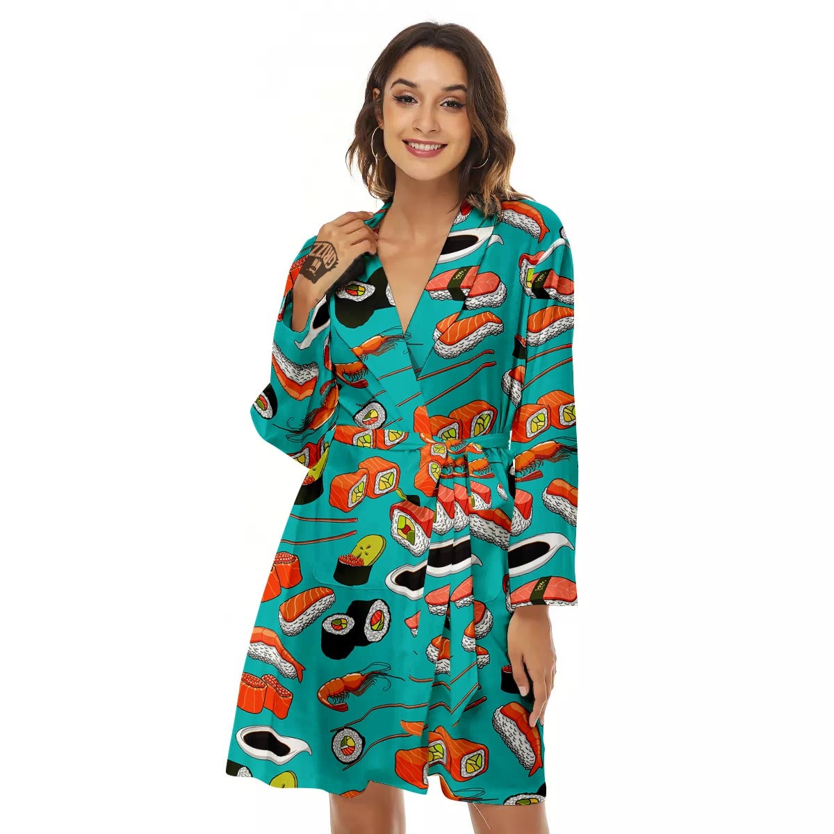 Rolls And Salmon Sushi Print Pattern Women's Robe-grizzshop