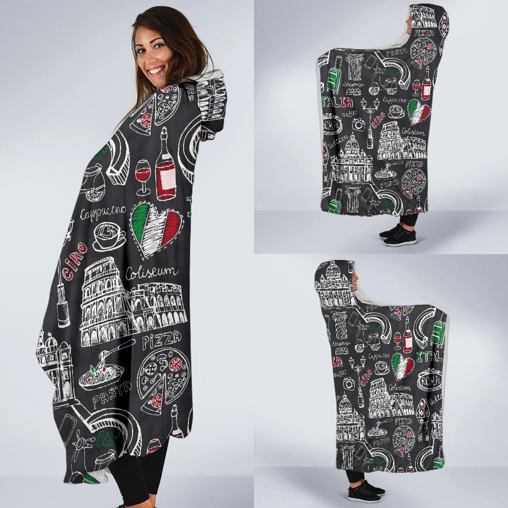 Rome Italy Pattern Print Hooded Blanket-grizzshop