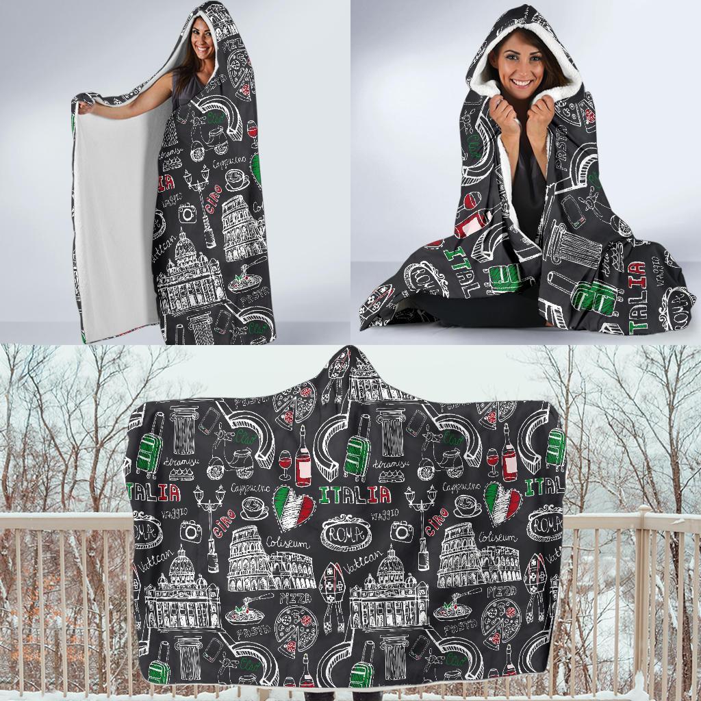 Rome Italy Pattern Print Hooded Blanket-grizzshop