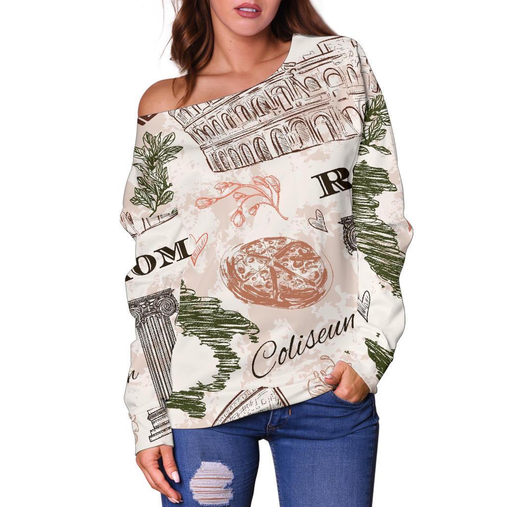 Rome Print Pattern Women Off Shoulder Sweatshirt-grizzshop