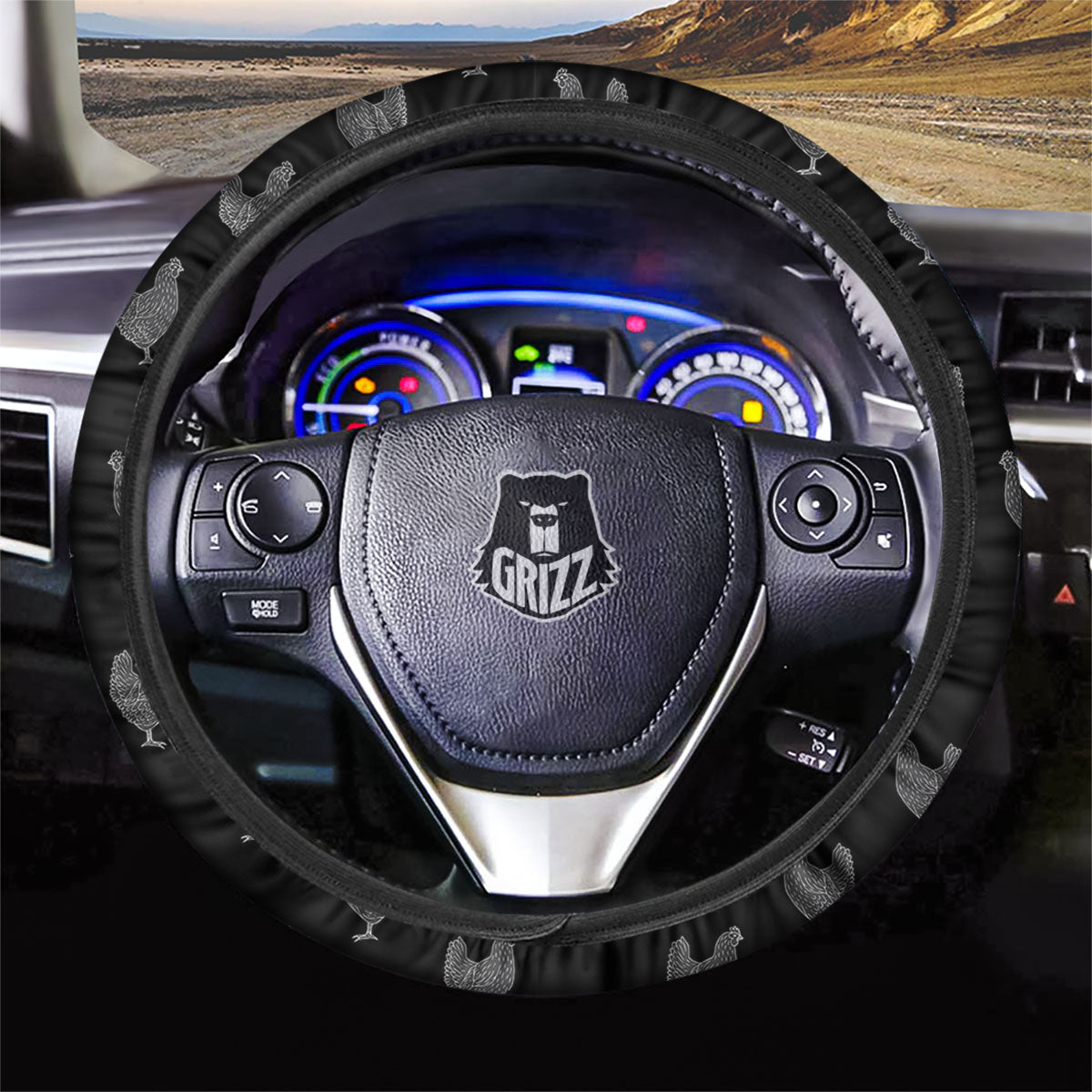 Rooster Black And White Print Pattern Car Steering Wheel Cover-grizzshop