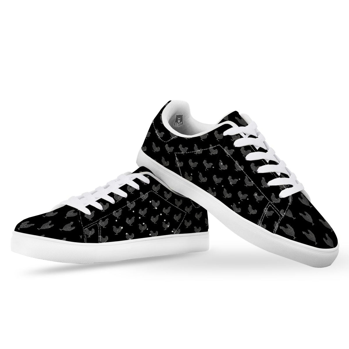 Rooster Black And White Print Pattern White Low Top Sneakers-grizzshop