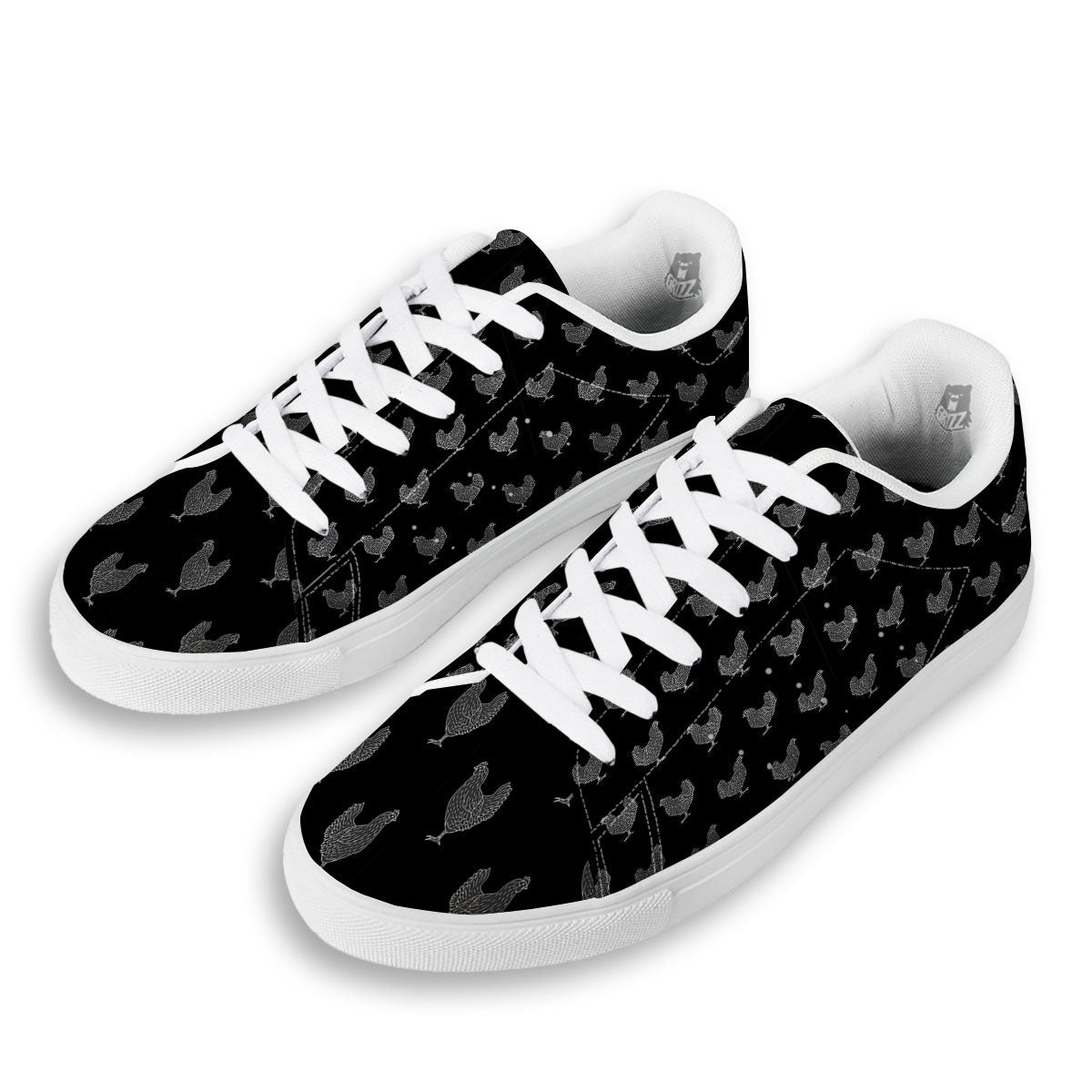 Rooster Black And White Print Pattern White Low Top Sneakers-grizzshop
