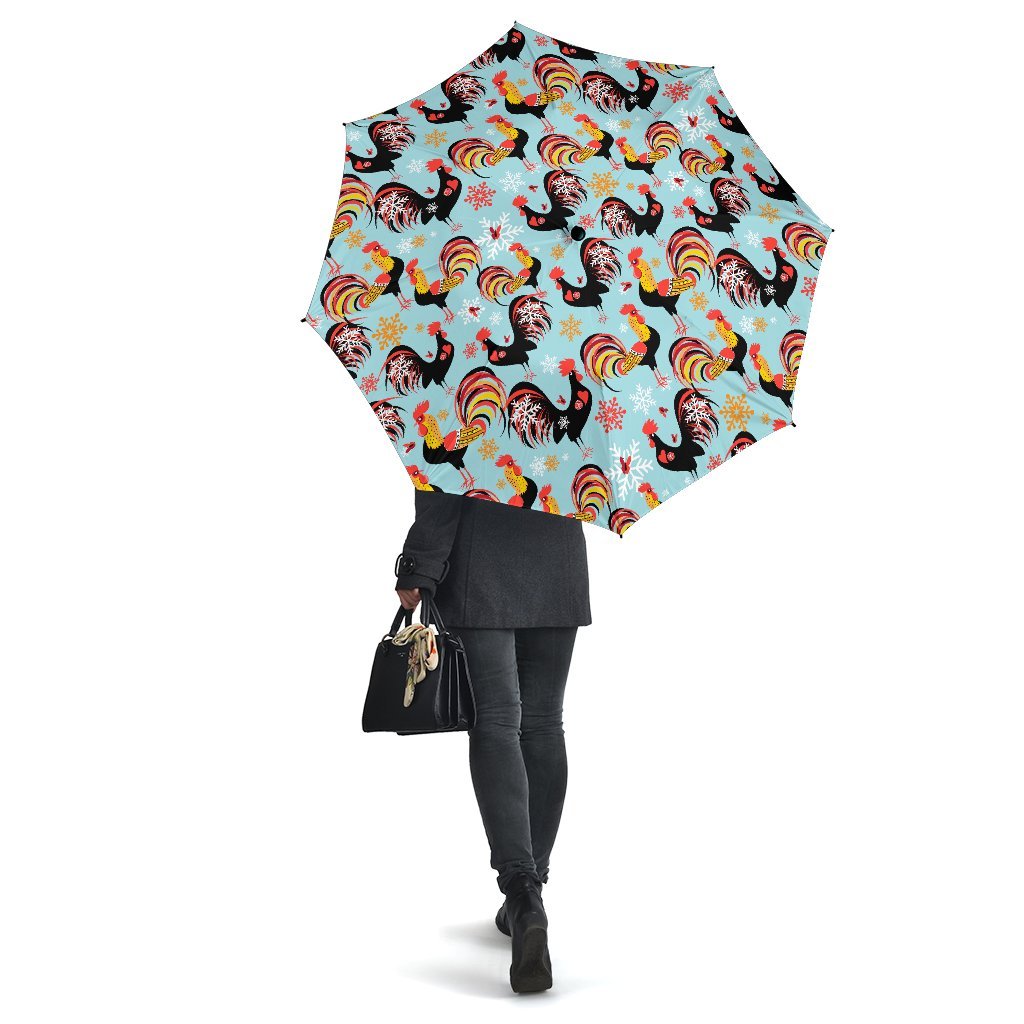 Rooster Blue Pattern Print Automatic Foldable Umbrella-grizzshop