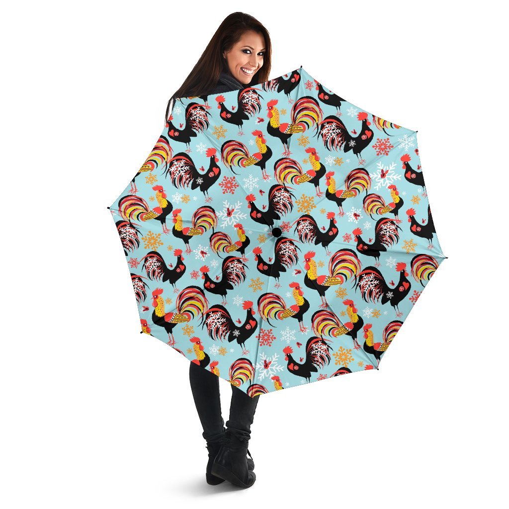 Rooster Blue Pattern Print Automatic Foldable Umbrella-grizzshop