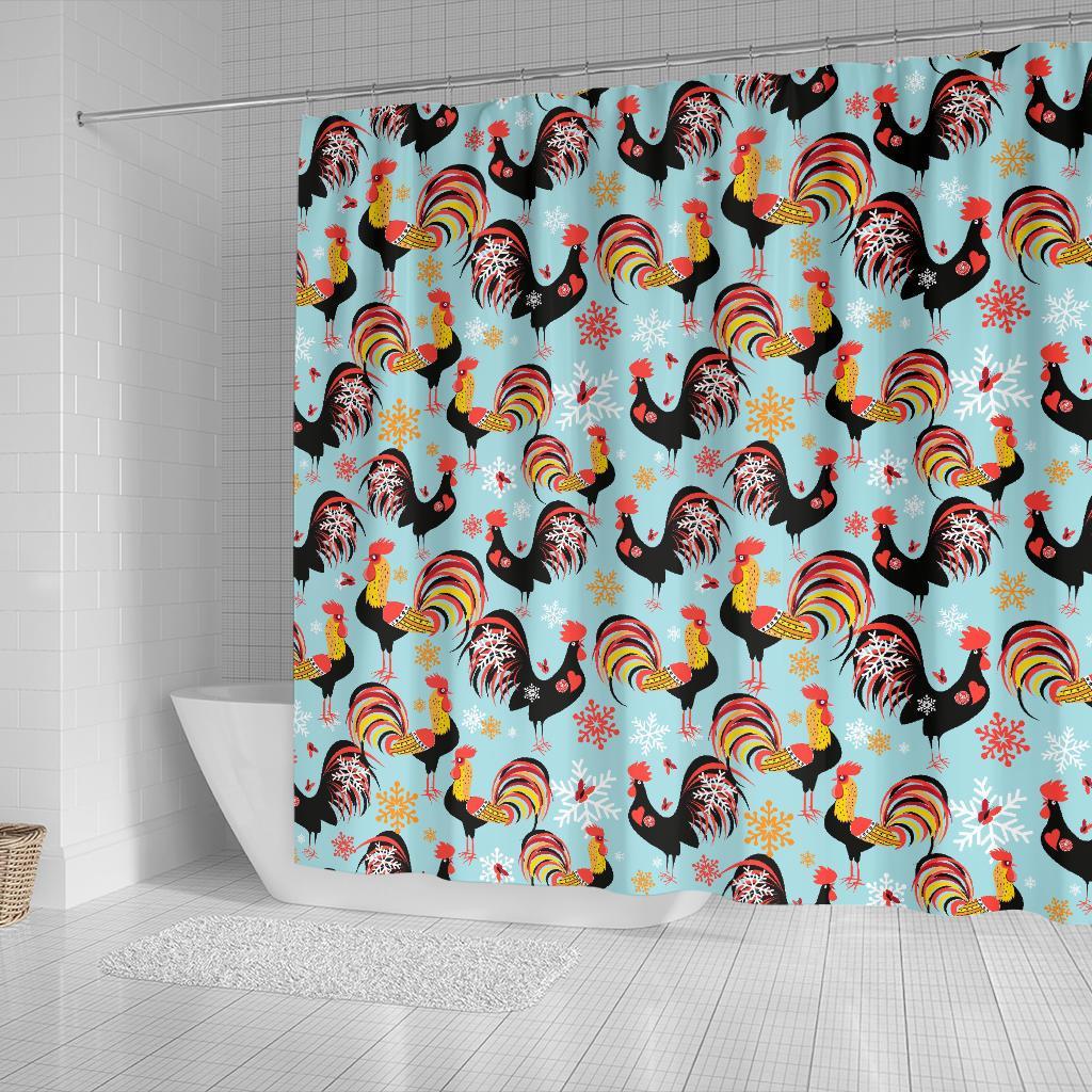 Rooster Blue Pattern Print Bathroom Shower Curtain-grizzshop