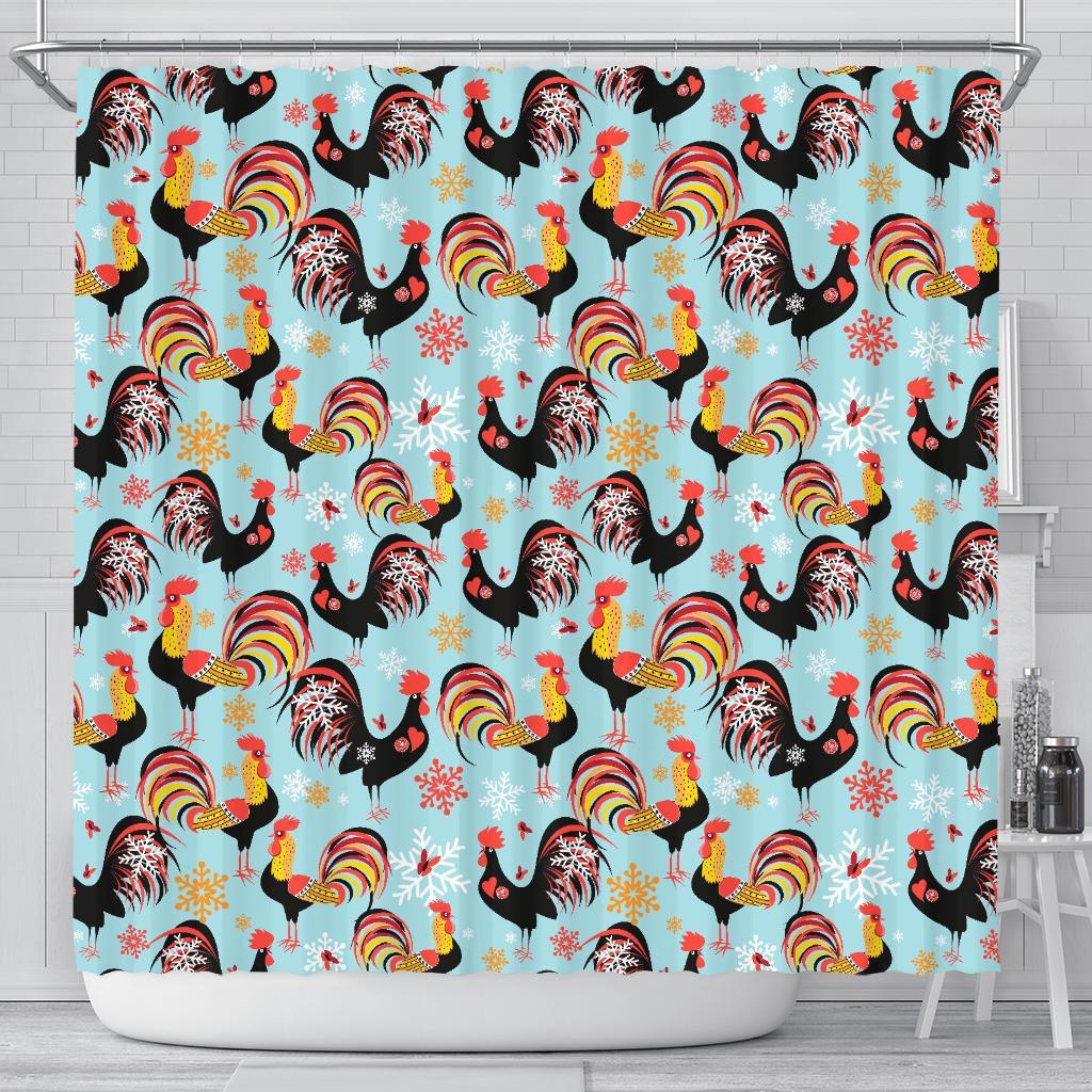 Rooster Blue Pattern Print Bathroom Shower Curtain-grizzshop