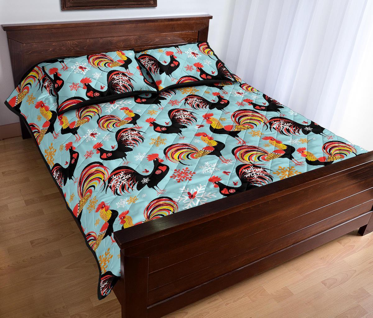 Rooster Blue Pattern Print Bed Set Quilt-grizzshop