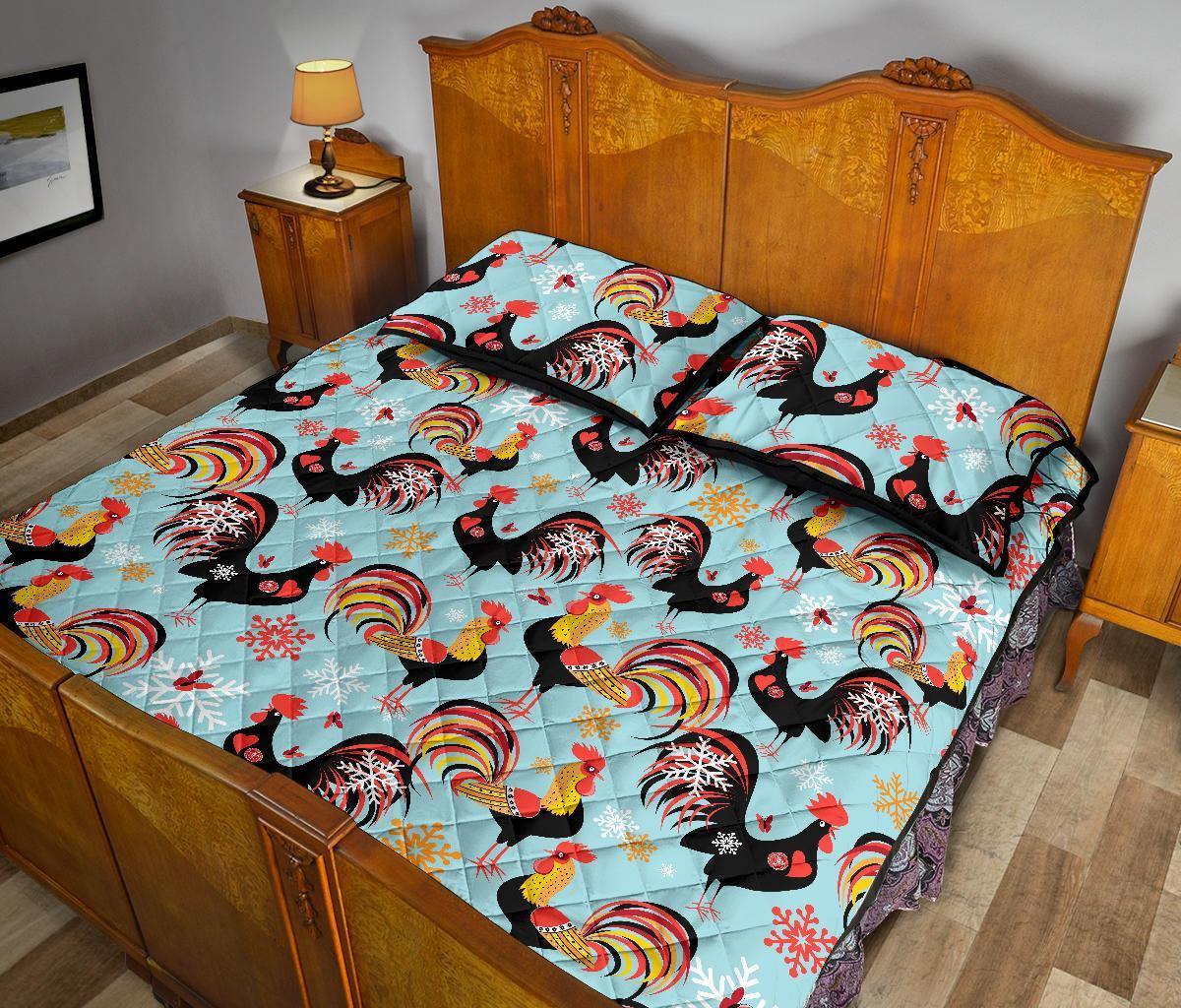 Rooster Blue Pattern Print Bed Set Quilt-grizzshop