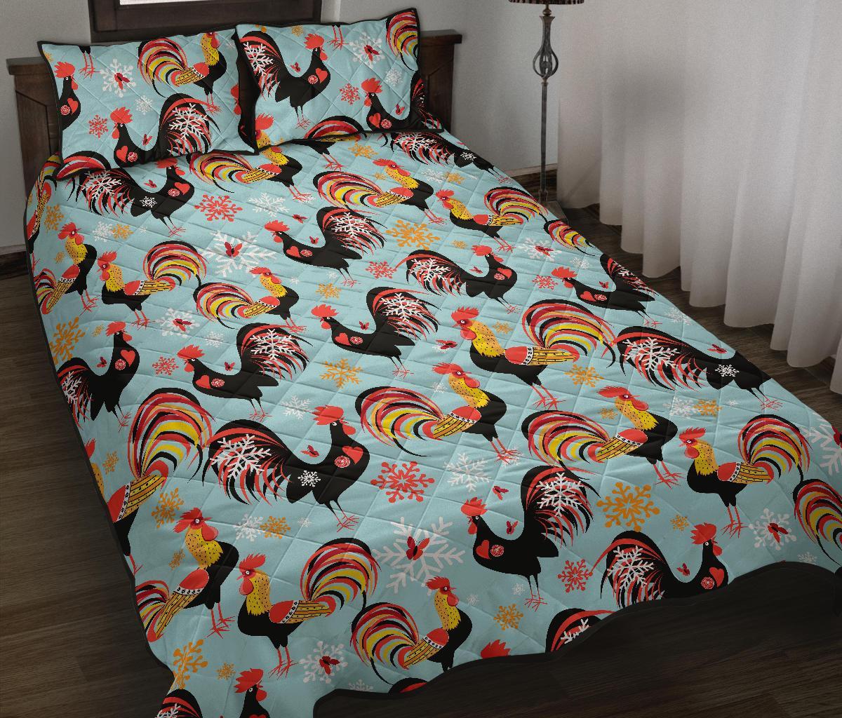 Rooster Blue Pattern Print Bed Set Quilt-grizzshop