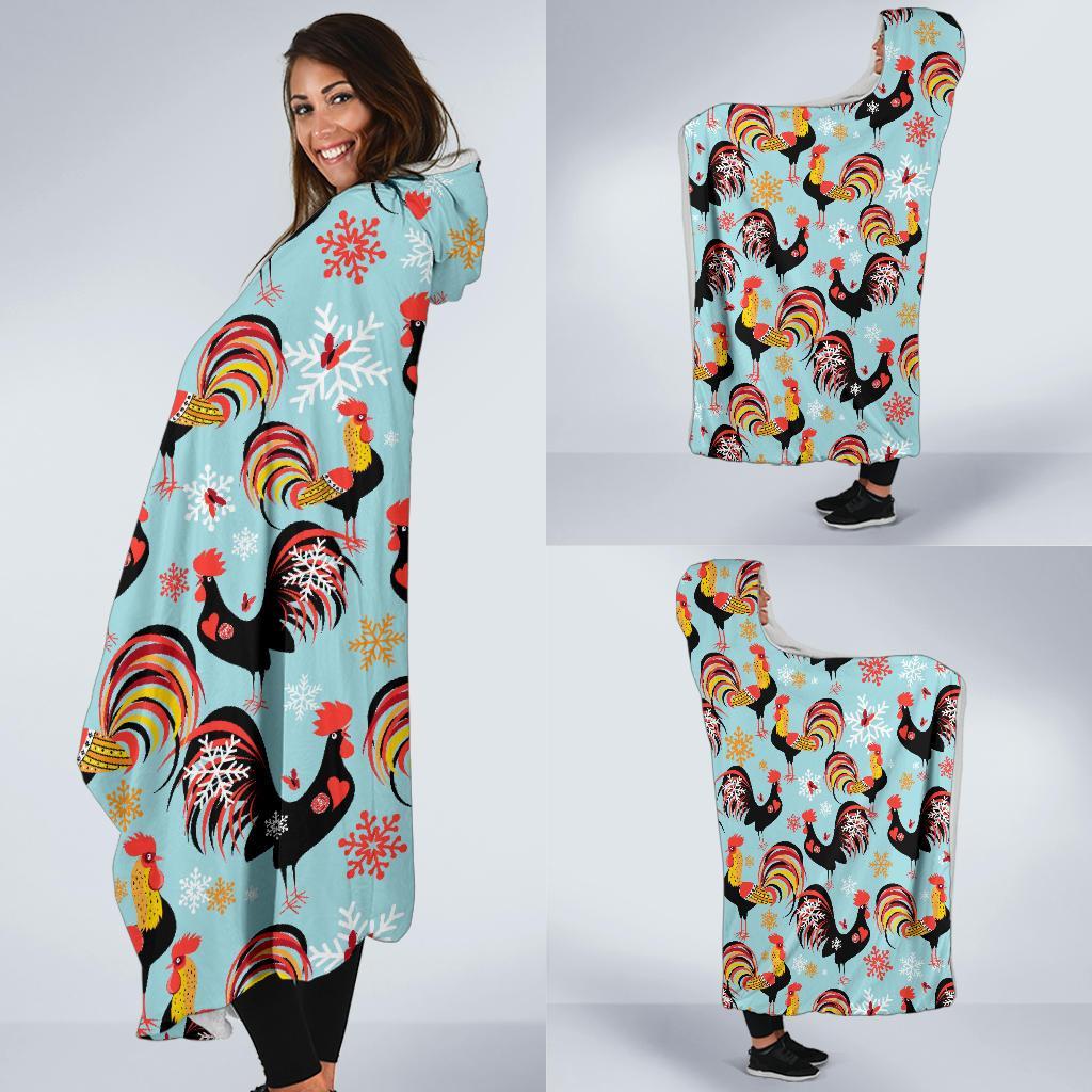 Rooster Blue Pattern Print Hooded Blanket-grizzshop