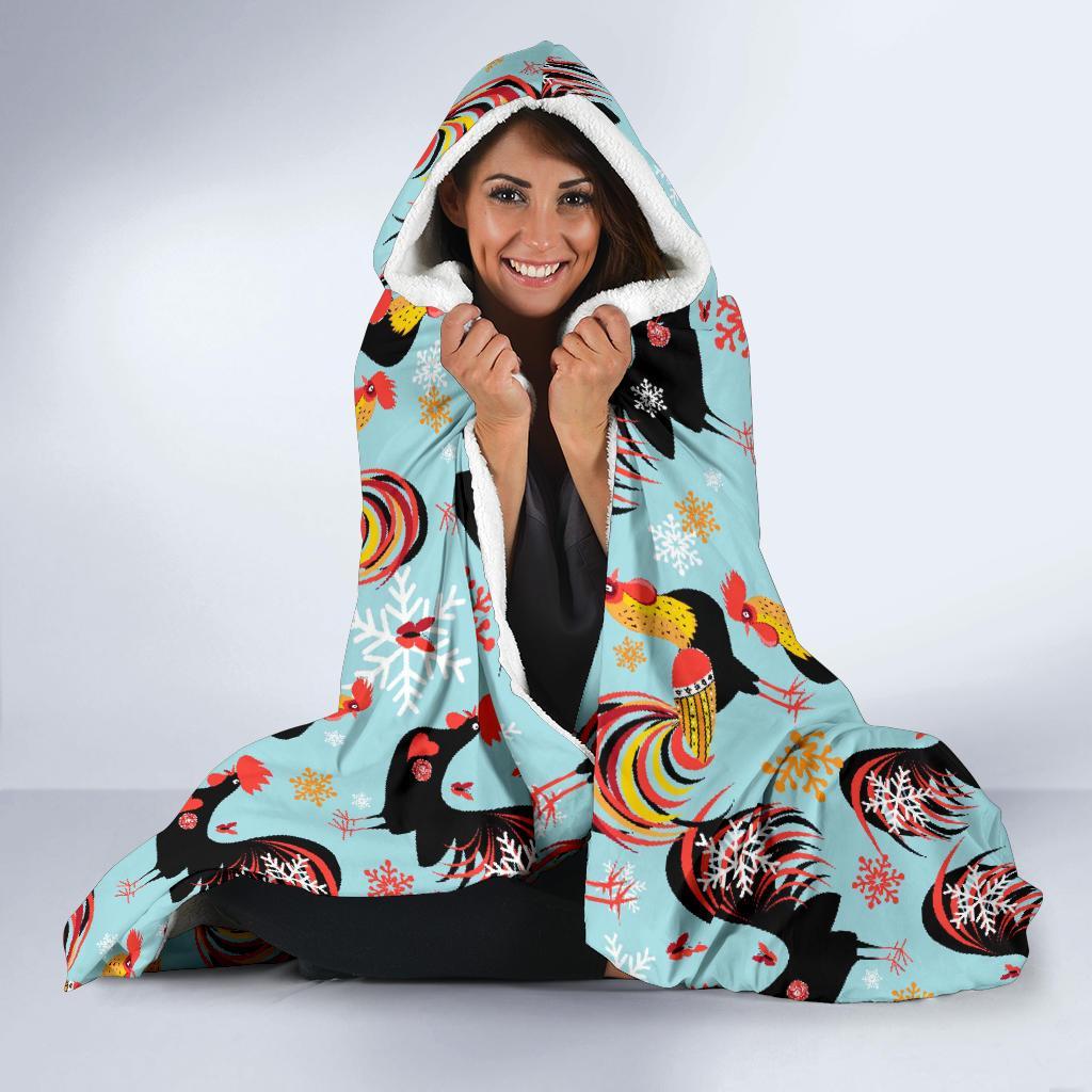 Rooster Blue Pattern Print Hooded Blanket-grizzshop