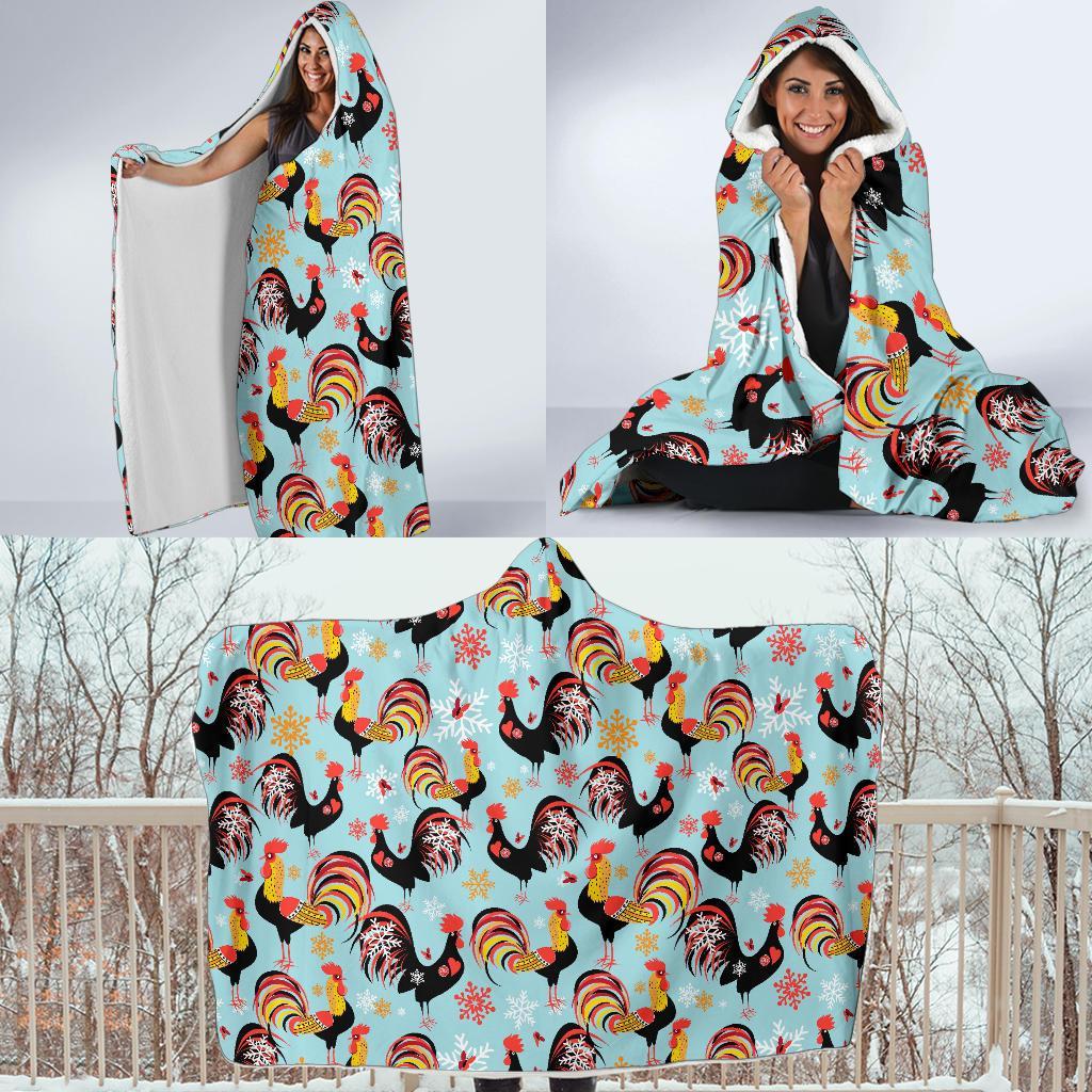 Rooster Blue Pattern Print Hooded Blanket-grizzshop