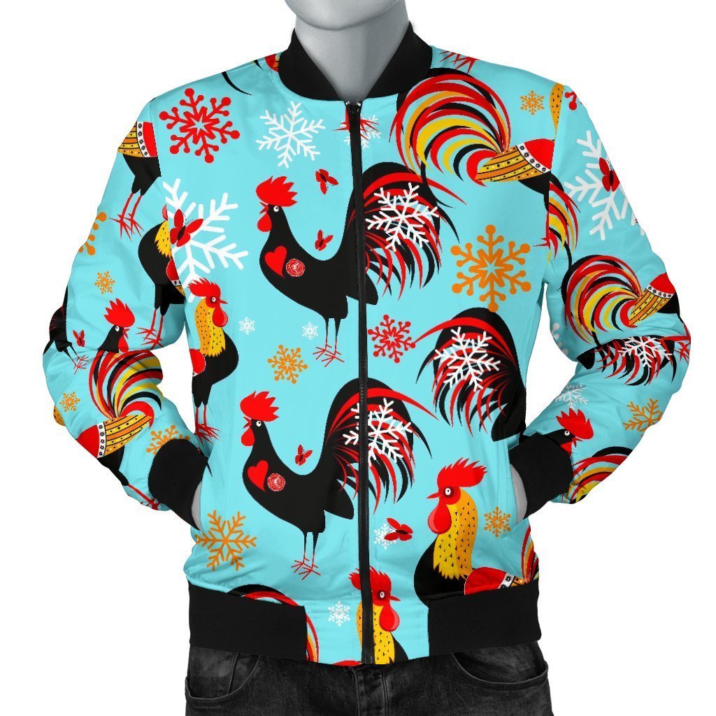 Rooster Blue Pattern Print Men's Bomber Jacket-grizzshop