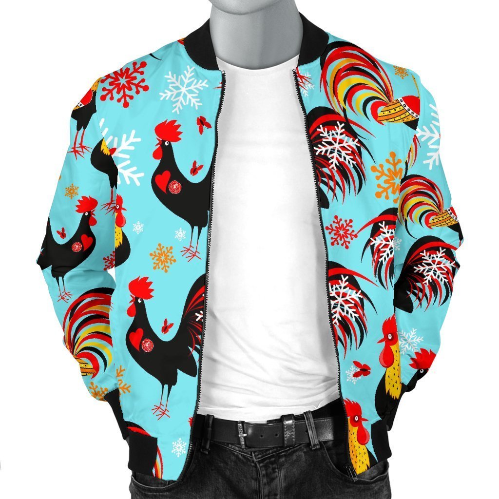 Rooster Blue Pattern Print Men's Bomber Jacket-grizzshop