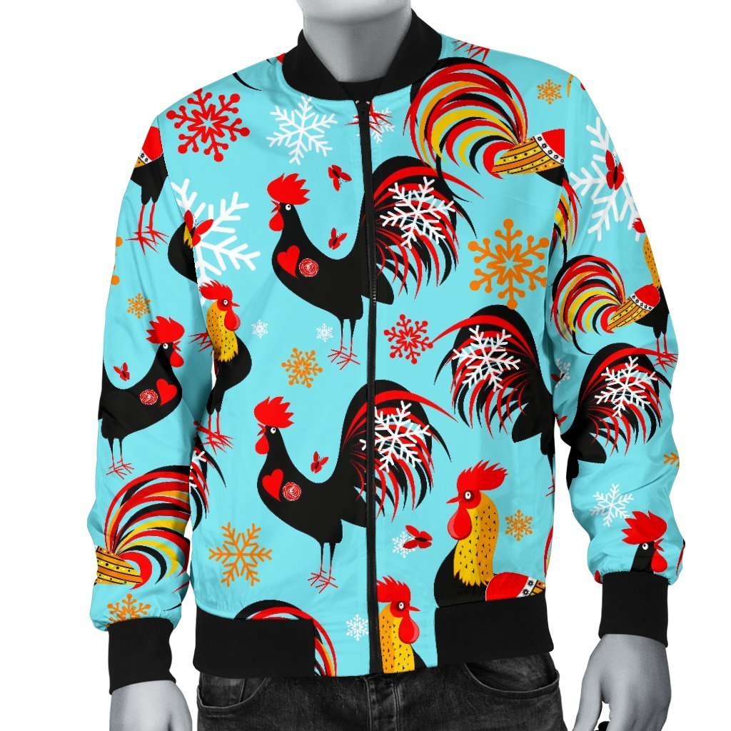 Rooster Blue Pattern Print Men's Bomber Jacket-grizzshop