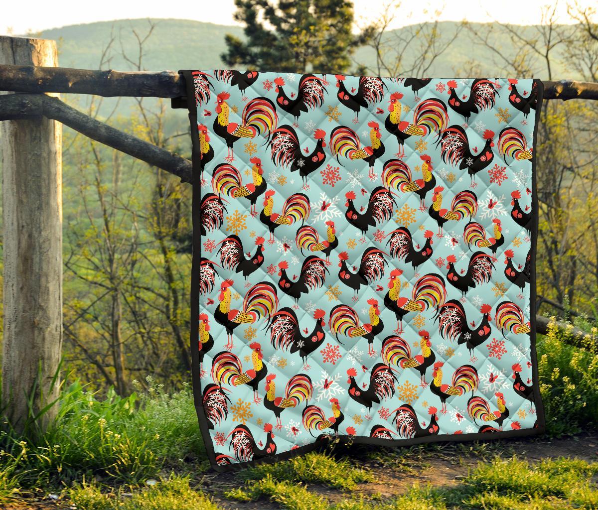 Rooster Blue Pattern Print Quilt-grizzshop