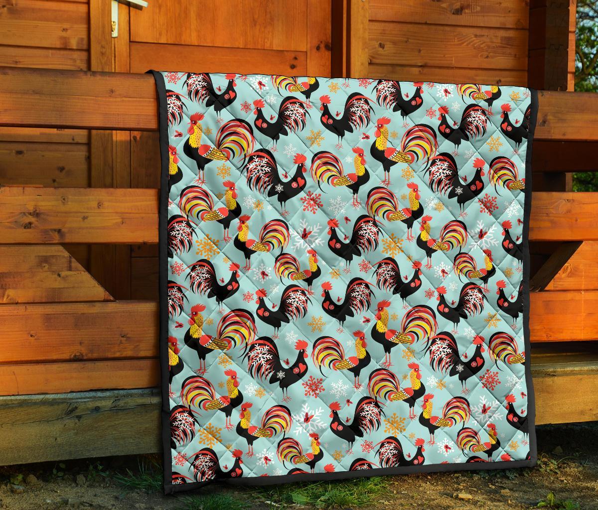 Rooster Blue Pattern Print Quilt-grizzshop