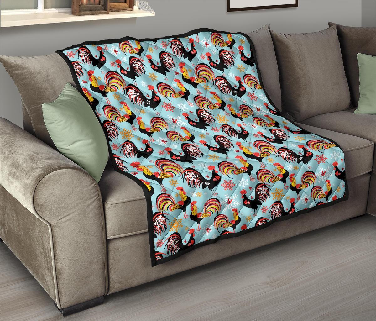 Rooster Blue Pattern Print Quilt-grizzshop