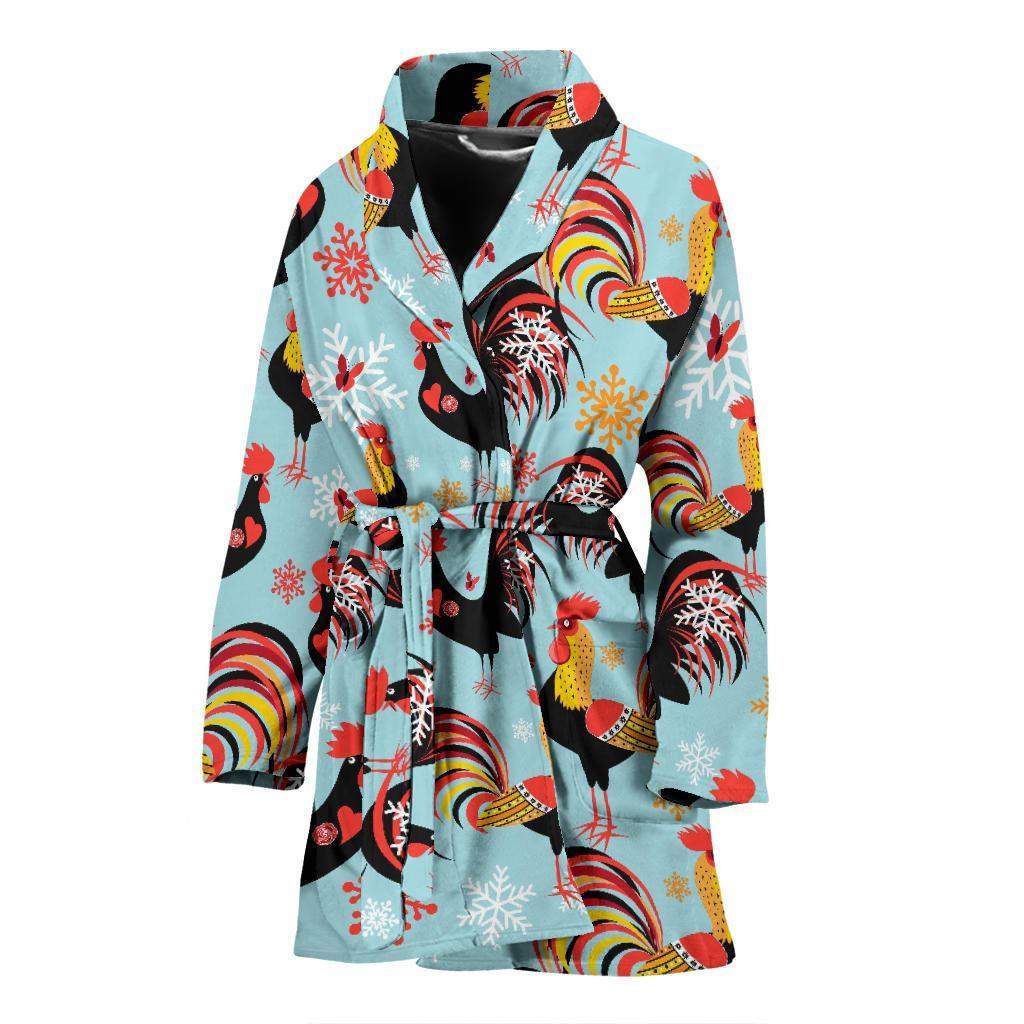 Rooster Blue Pattern Print Women Long Robe-grizzshop