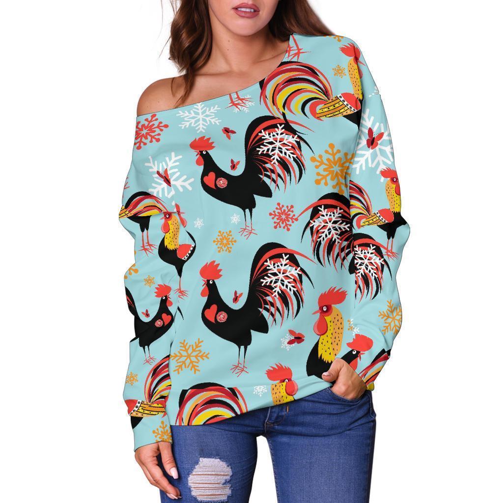 Rooster Blue Pattern Print Women Off Shoulder Sweatshirt-grizzshop