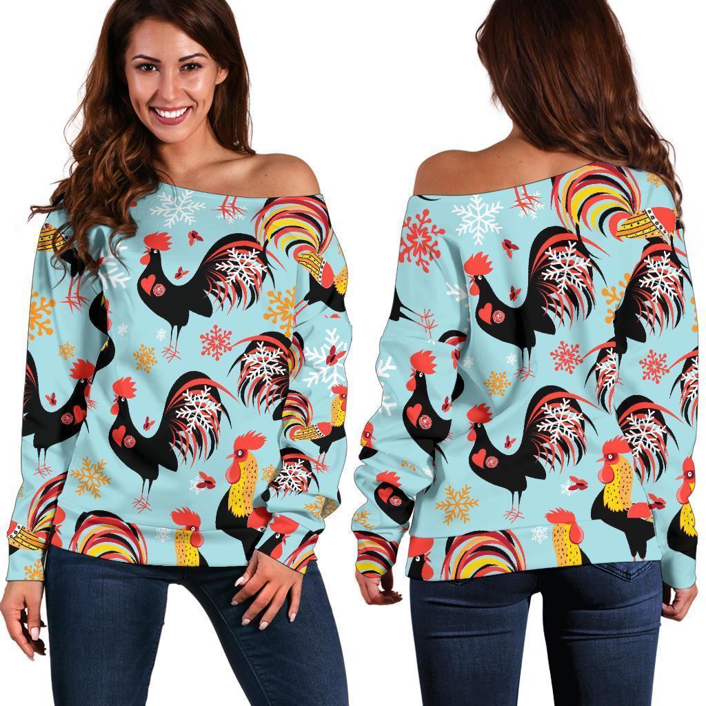 Rooster Blue Pattern Print Women Off Shoulder Sweatshirt-grizzshop