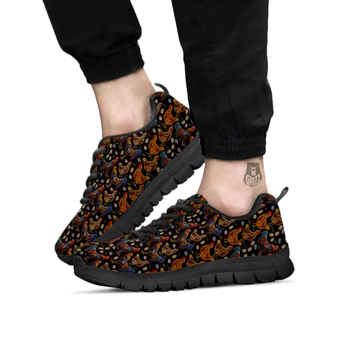 Rooster Embroidery Print Pattern Black Sneaker-grizzshop