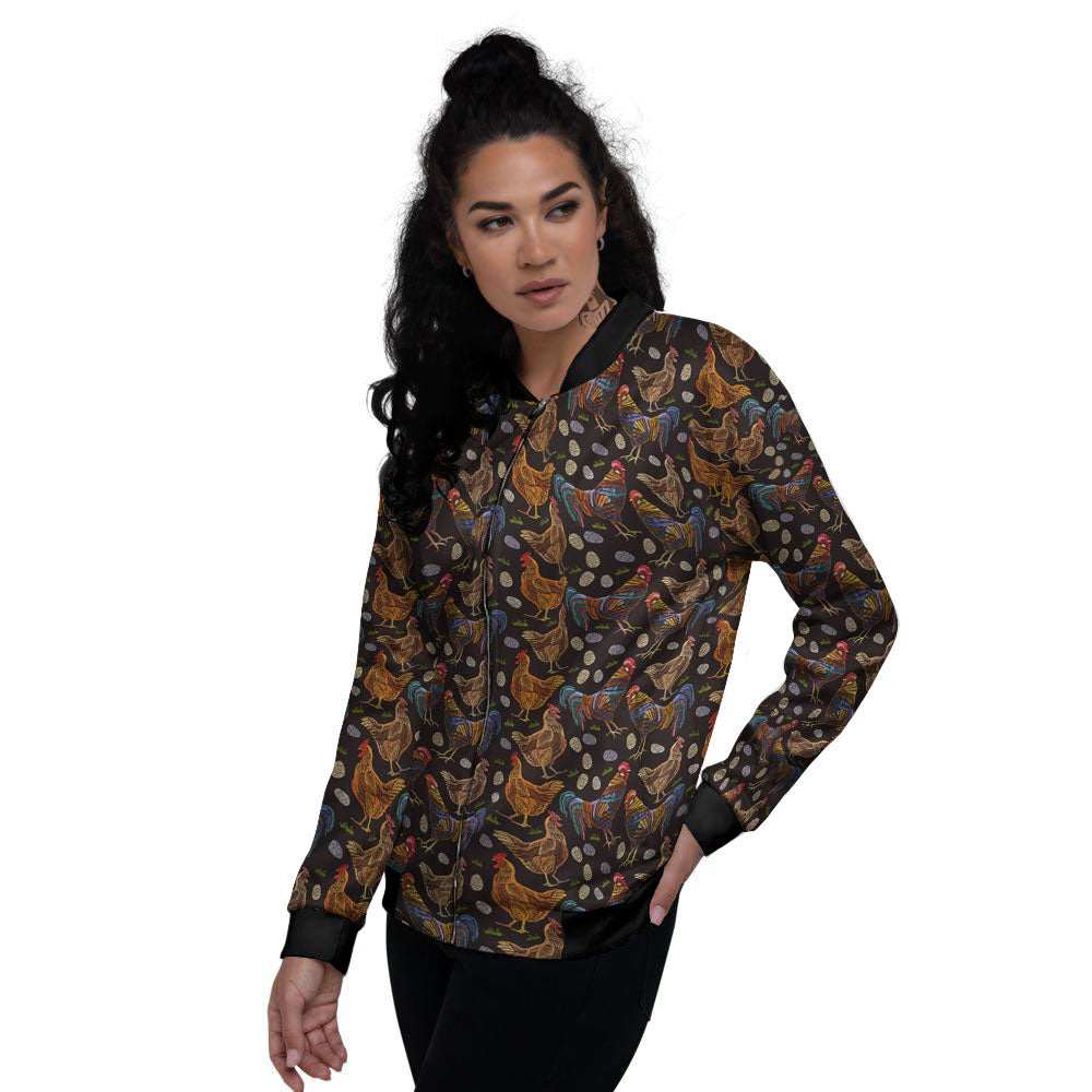 Rooster Embroidery Print Pattern Women's Bomber Jacket-grizzshop