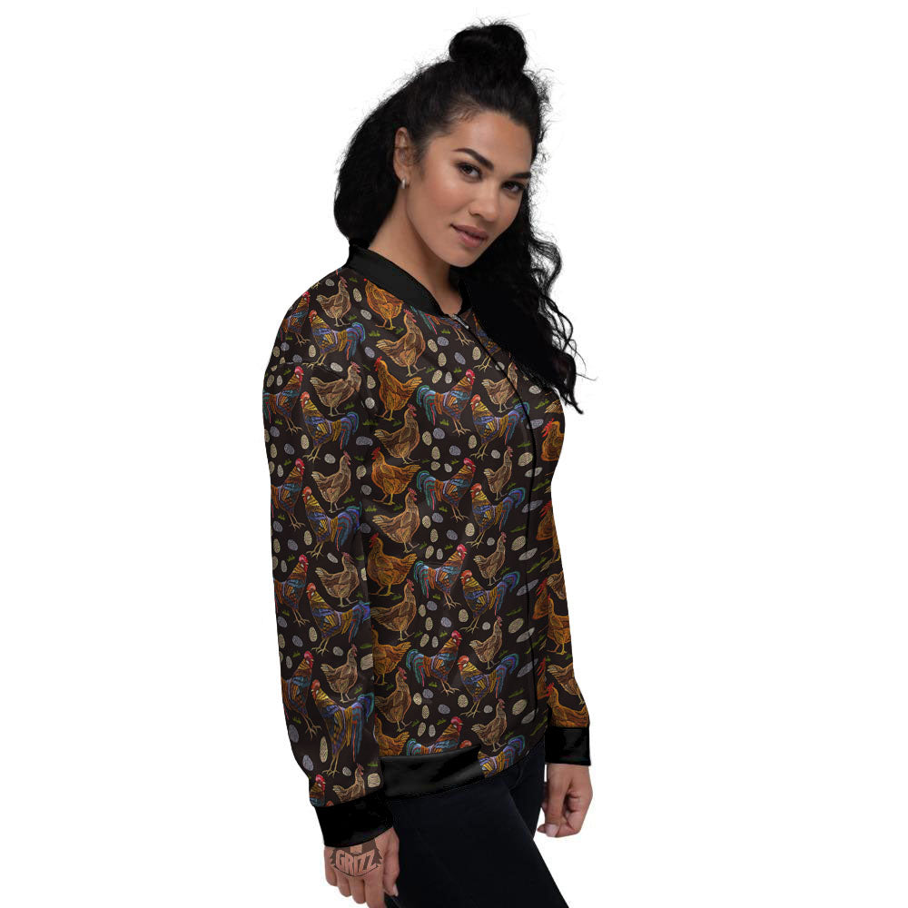 Rooster Embroidery Print Pattern Women's Bomber Jacket-grizzshop