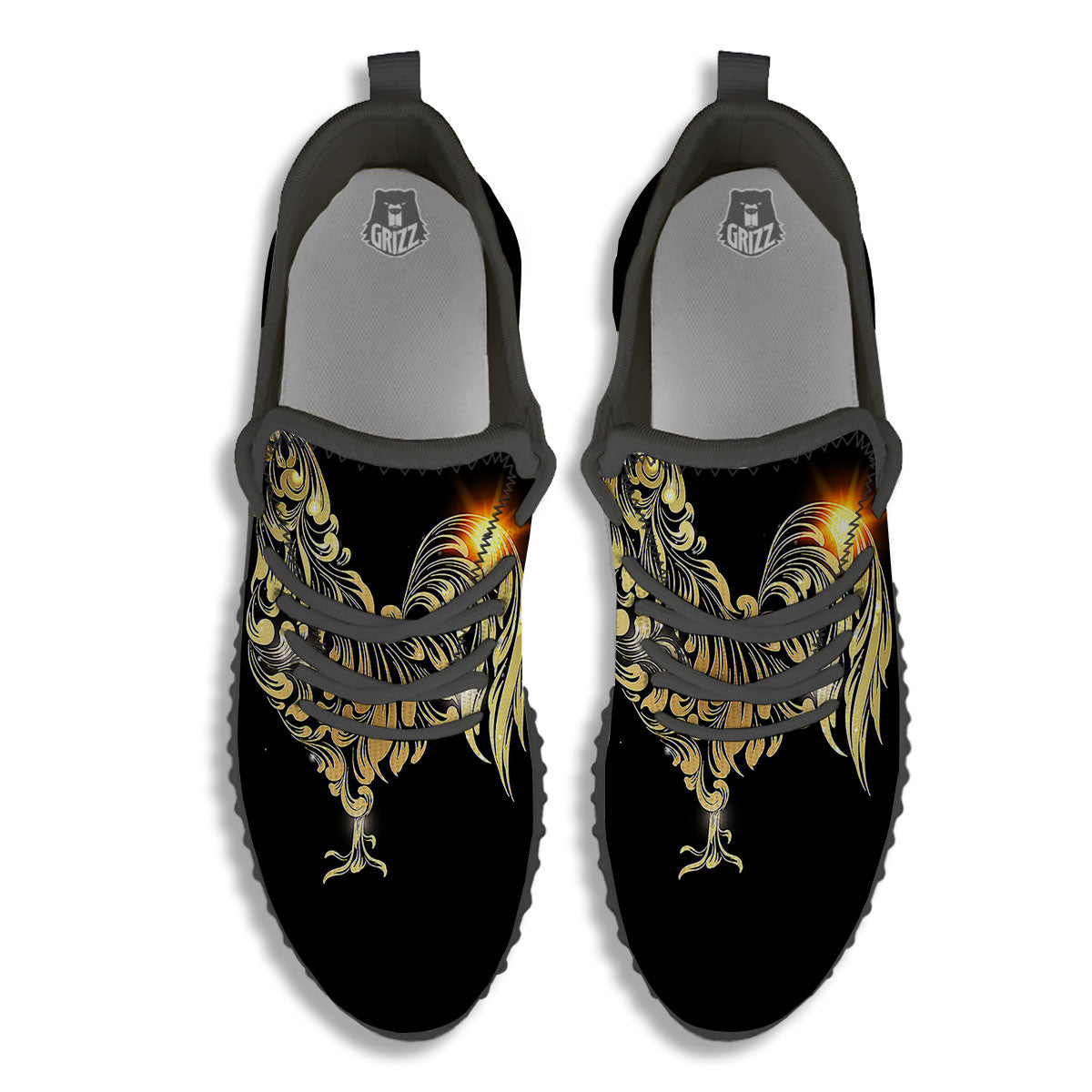 Rooster Golden Print Black Walking Shoes-grizzshop