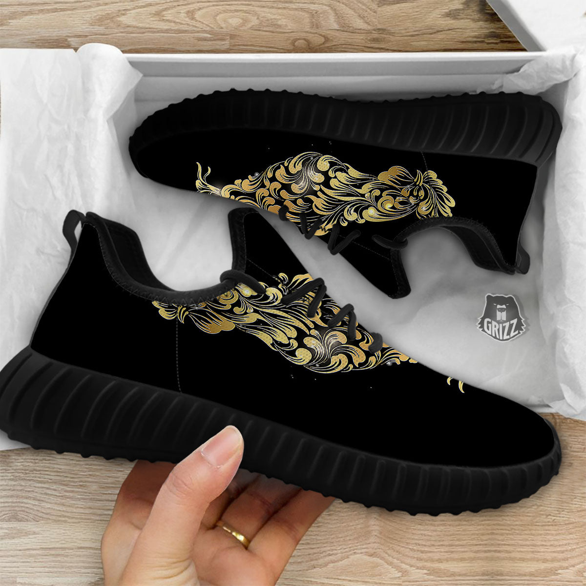 Rooster Golden Print Black Walking Shoes-grizzshop