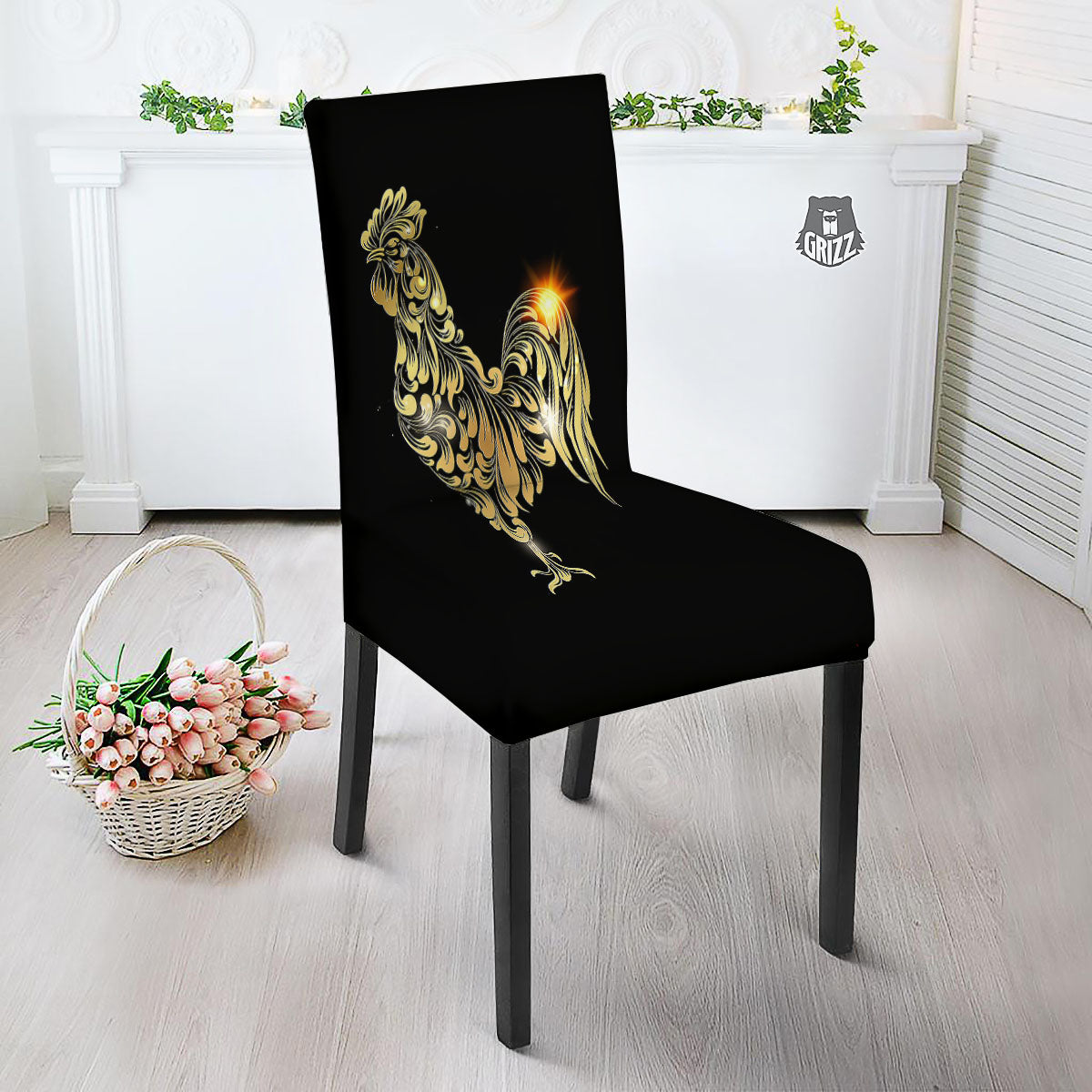 Rooster Golden Print Dining Chair Slipcover-grizzshop