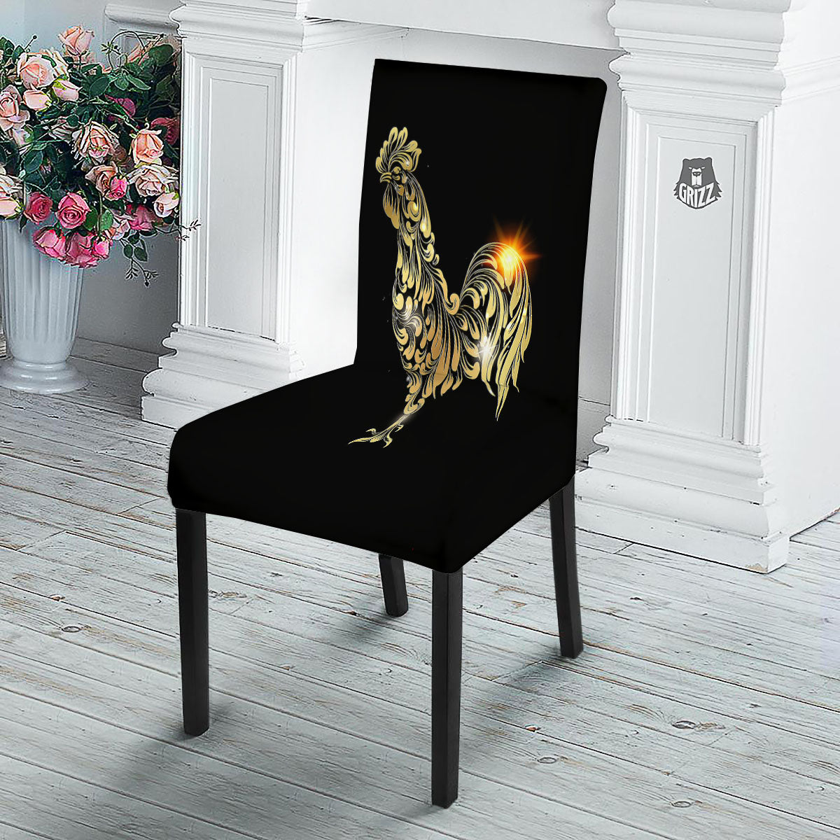 Rooster Golden Print Dining Chair Slipcover-grizzshop
