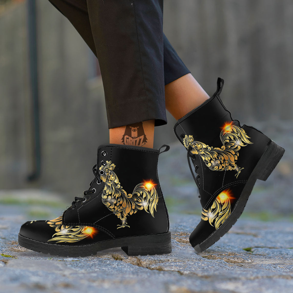 Rooster Golden Print Leather Boots-grizzshop