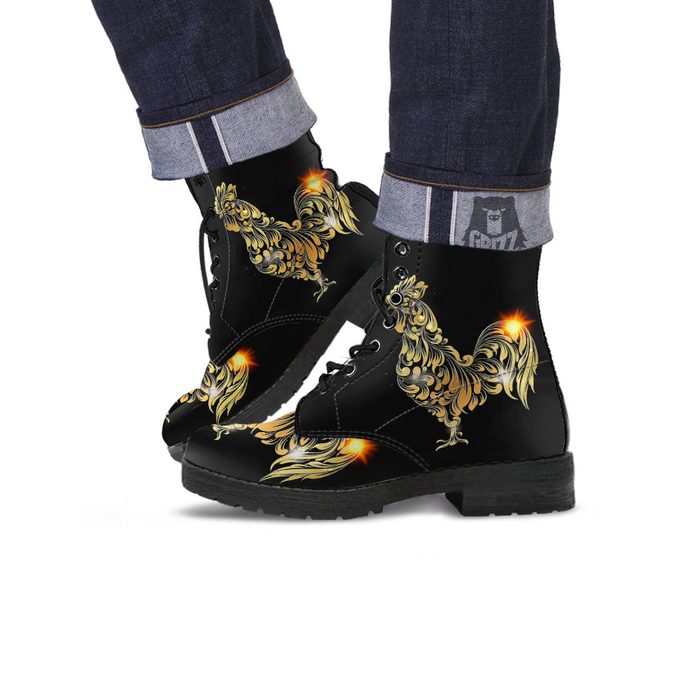 Rooster Golden Print Leather Boots-grizzshop