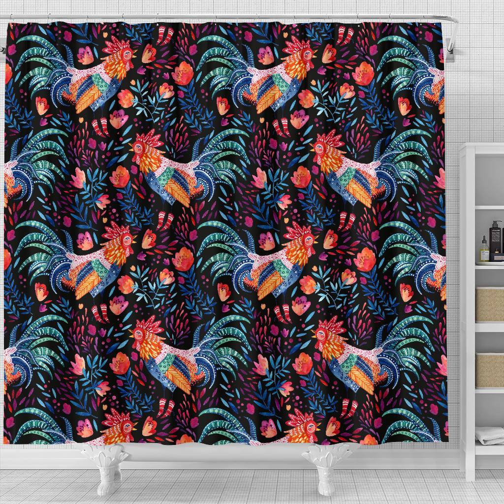 Rooster Hand Drawn Pattern Print Bathroom Shower Curtain-grizzshop