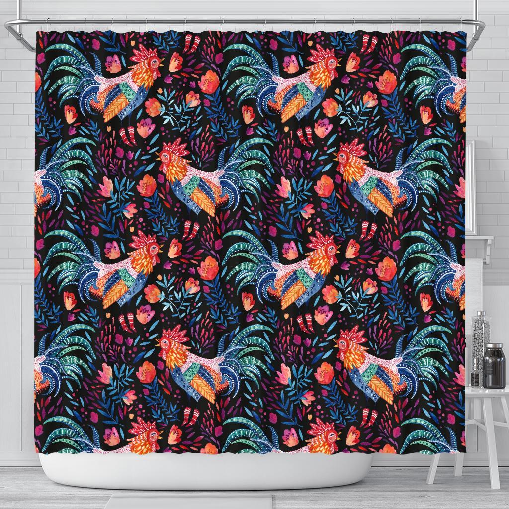 Rooster Hand Drawn Pattern Print Bathroom Shower Curtain-grizzshop