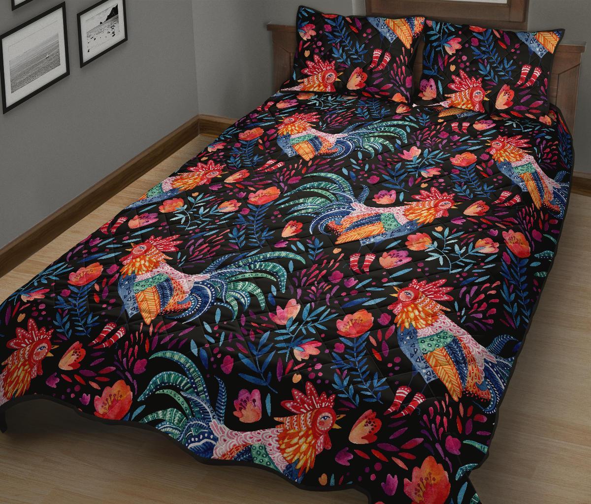 Rooster Hand Drawn Pattern Print Bed Set Quilt-grizzshop