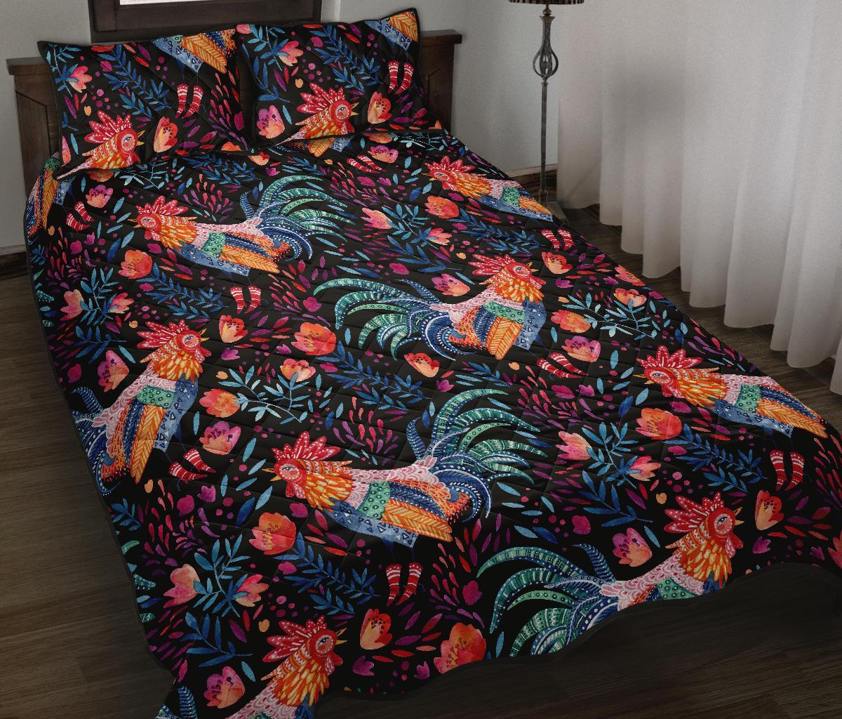 Rooster Hand Drawn Pattern Print Bed Set Quilt-grizzshop