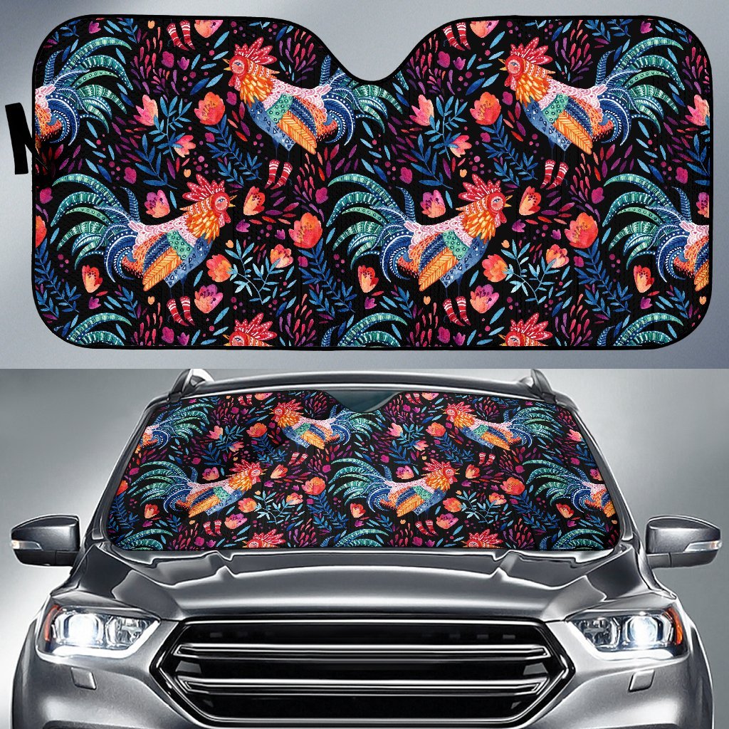 Rooster Hand Drawn Pattern Print Car Sun Shade-grizzshop