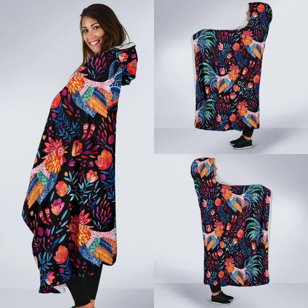 Rooster Hand Drawn Pattern Print Hooded Blanket-grizzshop