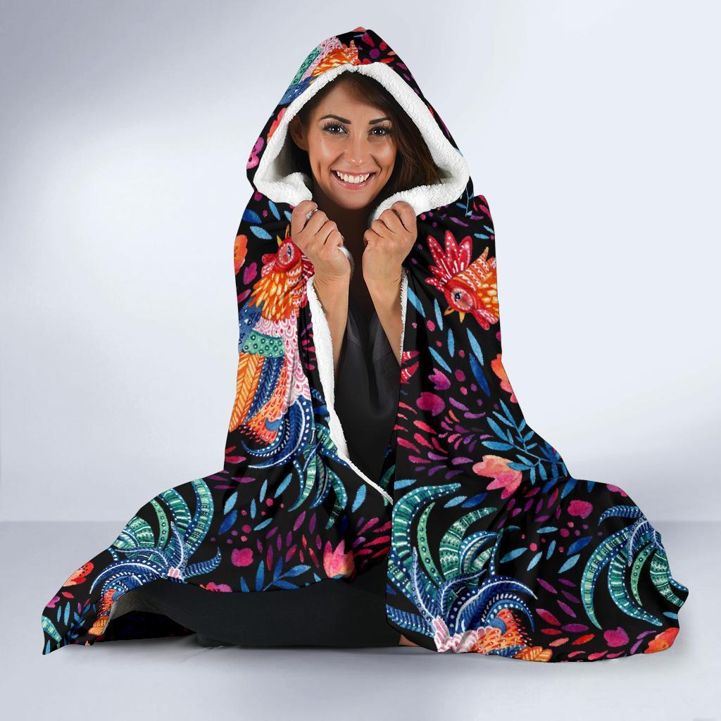 Rooster Hand Drawn Pattern Print Hooded Blanket-grizzshop