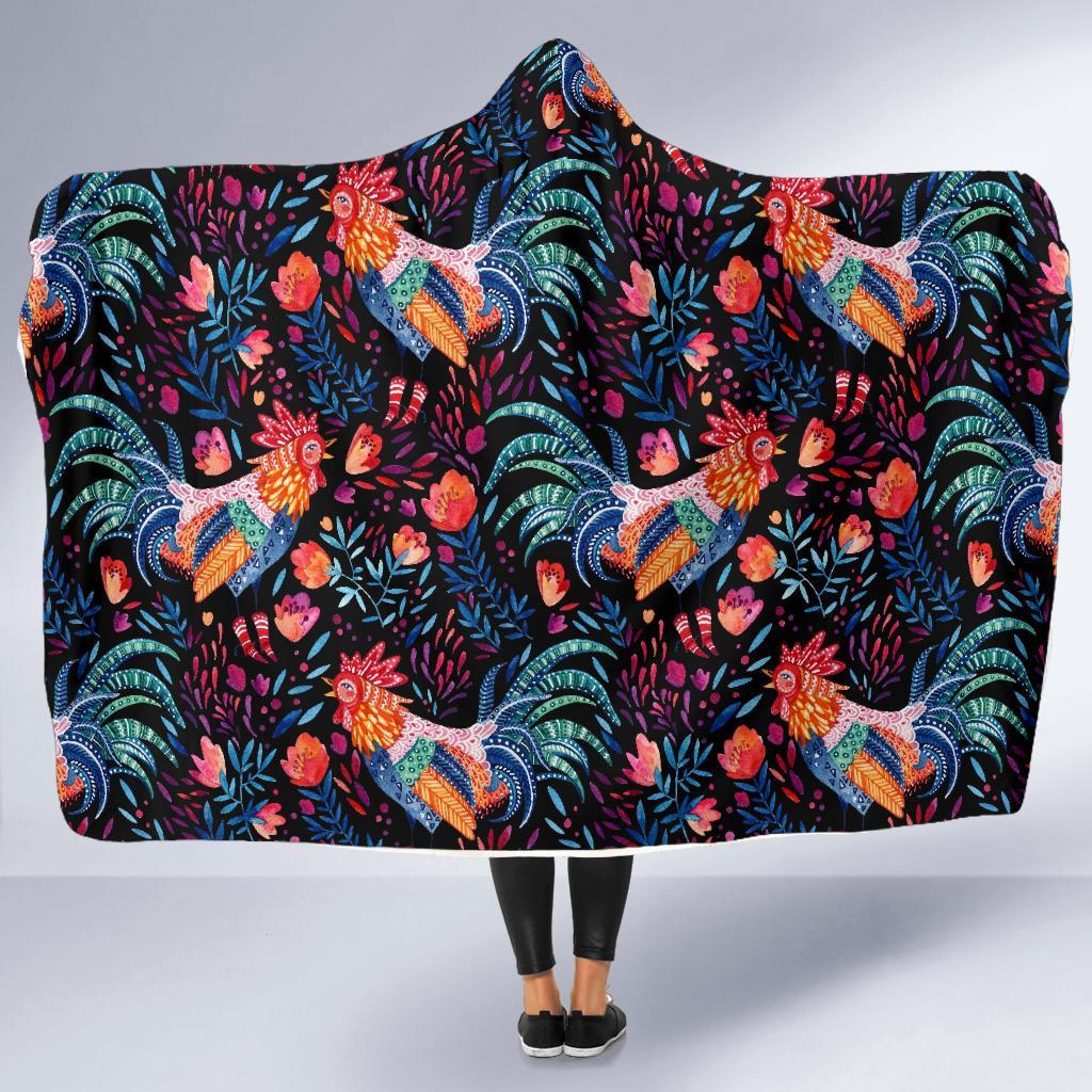 Rooster Hand Drawn Pattern Print Hooded Blanket-grizzshop